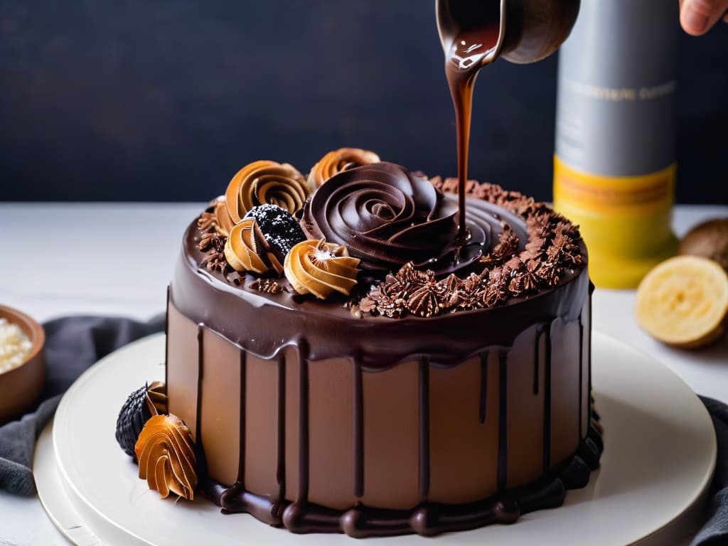  A closeup, ultradetailed image of a glossy, perfectly tempered dark chocolate ganache being poured over a decadent chocolate cake, showcasing the smooth texture and rich color of the chocolate. The ganache cascades down the sides of the cake in a mesmerizing swirl, capturing the moment of indulgence and precision in pastrymaking. hyperrealistic, full body, detailed clothing, highly detailed, cinematic lighting, stunningly beautiful, intricate, sharp focus, f/1. 8, 85mm, (centered image composition), (professionally color graded), ((bright soft diffused light)), volumetric fog, trending on instagram, trending on tumblr, HDR 4K, 8K