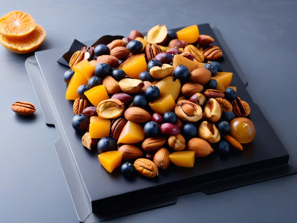  An ultradetailed closeup image of a variety of caramelized nuts and dried fruits elegantly arranged on a sleek, black marble platter. Each nut and fruit glistens with a glossy caramel coating, showcasing the intricate textures and rich colors of the snack. The lighting is soft, casting delicate shadows that enhance the depth and visual appeal of the arrangement. This minimalist composition highlights the natural beauty and indulgent allure of caramelized nuts, perfectly complementing the sophisticated tone of the article. hyperrealistic, full body, detailed clothing, highly detailed, cinematic lighting, stunningly beautiful, intricate, sharp focus, f/1. 8, 85mm, (centered image composition), (professionally color graded), ((bright soft diffused light)), volumetric fog, trending on instagram, trending on tumblr, HDR 4K, 8K