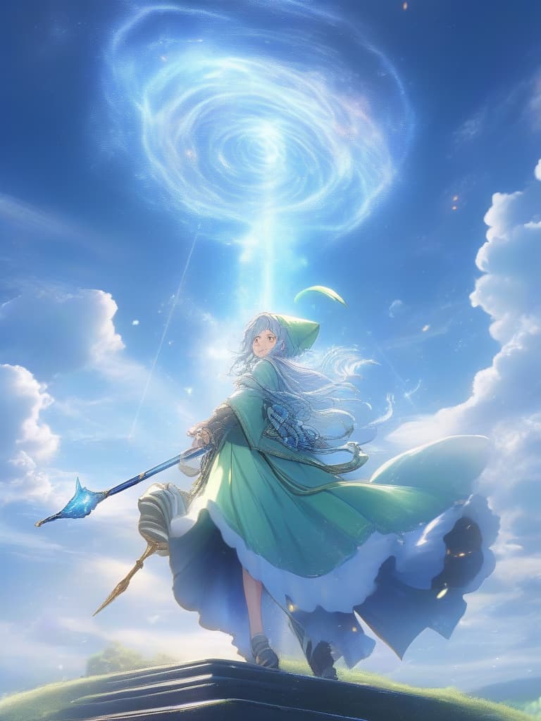  (Best masterpiece: 1.5),(Highest image quality),(Super detail),(Super precision),(Super beautiful CG),(8K),1girl,elf,solo,twin tail hair,light blue hair,green eyes,（close up）,wizard's hat,wizard's robe,boots ladies ,hair blowing in the wind,chant magic with a wand,swirling clouds,low angle,, masterpiece, best quality,8k,ultra detailed,high resolution,an extremely delicate and beautiful,hyper detail