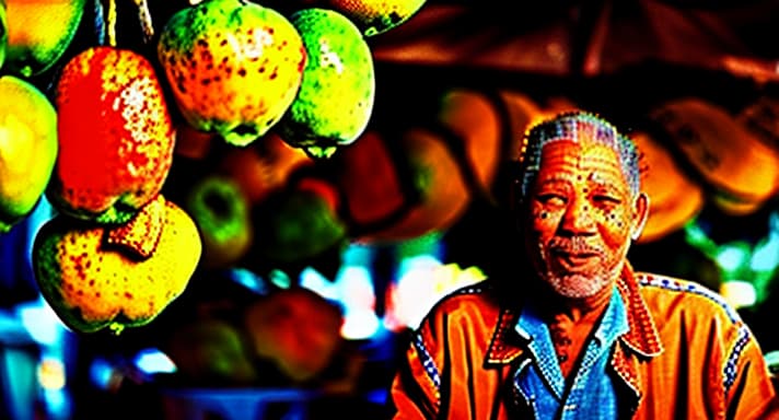 portrait+ style (((Morgan freeman))) buying ( mangoes) in a market, daylight, trees in background, Greg rutwoski