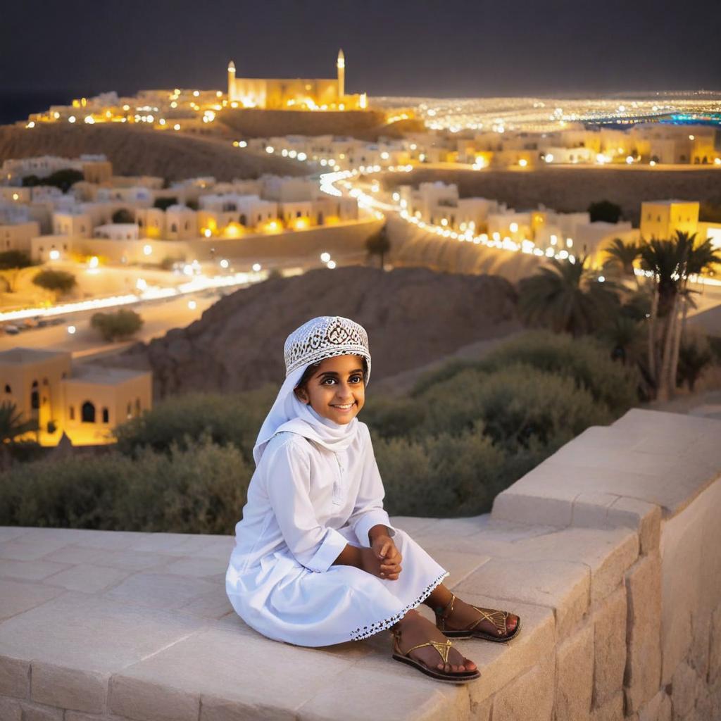  a photo of a omani cute girl sitting in front of Muscat city at night