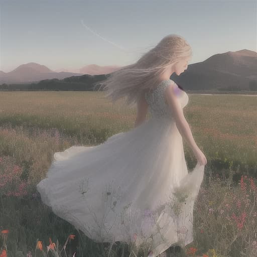  A young stands alone in a field of wildflowers, her hair blowing gently in the breeze. She wears a simple white dress that flows around her as she moves. Her eyes are bright and curious, and her smile is warm and inviting. In the distance, a mountain range rises up, its peaks shrouded in mist. The sun is setting behind her, casting a warm glow across the scene. As she looks out across the landscape, she feels a sense of wonder and possibility, as if anything is possible in this magical world.