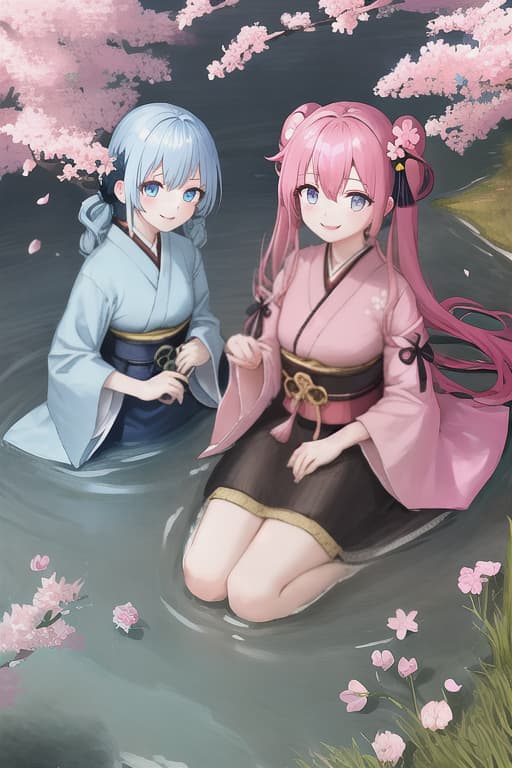  Girls, smiles, pink hair, twin tails, blue eyes, Japanese style, cherry blossoms, petals, adults, courtesan