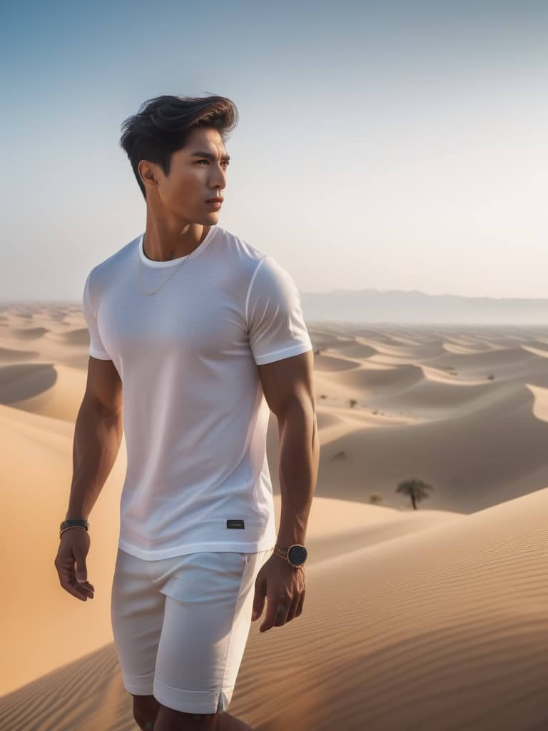  Half body portrait,Young Asian Male Tourist wear solid white casual short sleeve t shirt, walking in desert, cinematic lighting, stunningly beautiful, intricate, sharp focus, f/1. 8, 85mm, (professionally color graded), ((bright soft diffused light)), volumetric fog, trending on instagram, trending on tumblr, HDR 4K, 8K hyperrealistic, full body, detailed clothing, highly detailed, cinematic lighting, stunningly beautiful, intricate, sharp focus, f/1. 8, 85mm, (centered image composition), (professionally color graded), ((bright soft diffused light)), volumetric fog, trending on instagram, trending on tumblr, HDR 4K, 8K