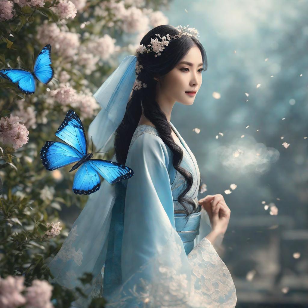  masterpiece, best quality, (Fidelity: 1.4), Best Quality, Masterpiece, Ultra High Resolution, Poster, Fantasy Art, Very Detailed Faces, 8k resolution, Chinese Style, An woman, Side Face, Quiet, Light Blue Hanfu, Tulle Coat, Long Black Hair, Light Blue Fringed Hair Ornament, Hairpin, White Ribbon, White Flower Bush, Light Blue Butterfly Flying, cinematic lighting effects