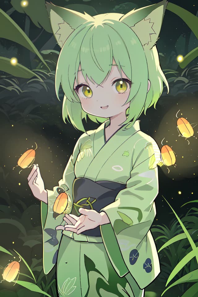  A yukata of the green hair character in the fox ear, the light of countless fireflies shines in the dark countryside, a very beautiful smile, a large amount of fireflies dancing, detailed shadows, delicate lines, detailed fine details. Lines, ultra high image quality, 4K, 8K, fireflies flutter from the inside of the bang with both hands in front