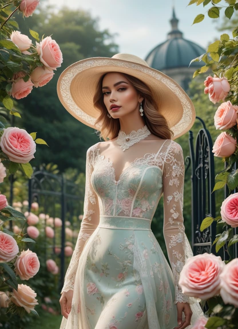  Pop Art style Delicate English watercolour in pastel tones, on the background of English garden flowers powder roses in dew, among roses stands a lovely in a straw hat decorated with flowers and in a lush dress with lace, openwork wrought iron fence, octane, dew glistens and shimmers in the sun lumen, in the distance marble statue, aesthetic flowers,art botanical, organic biological,realistic . bright colors, bold outlines, popular culture themes, ironic or kitsch hyperrealistic, full body, detailed clothing, highly detailed, cinematic lighting, stunningly beautiful, intricate, sharp focus, f/1. 8, 85mm, (centered image composition), (professionally color graded), ((bright soft diffused light)), volumetric fog, trending on instagram, trending on tumblr, HDR 4K, 8K