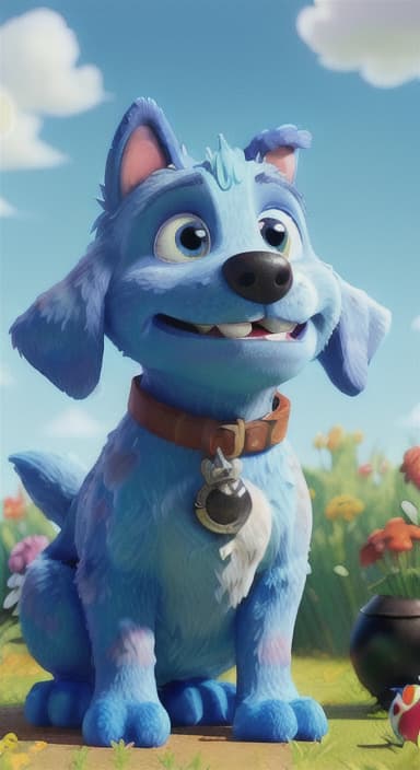  {Max carefully picking up the ball with his teeth without disturbing the flowers, The big blue dog is large with sky blue fur, big round eyes, a black nose, and floppy ears.