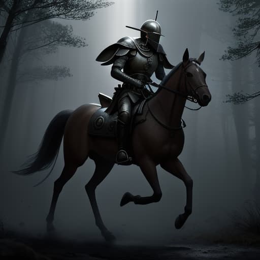  Un soldado con armadura de guerra desgastada dañada sin casco con rostro lastimado montando un caballo de color marrón caminando por un bosque sombrío oscuro ambiente triste y oscuro con cabeza en picada ambiente triste con lluvia llorando Cinematic Quality, High Resolution, Dramatic hyperrealistic, full body, detailed clothing, highly detailed, cinematic lighting, stunningly beautiful, intricate, sharp focus, f/1. 8, 85mm, (centered image composition), (professionally color graded), ((bright soft diffused light)), volumetric fog, trending on instagram, trending on tumblr, HDR 4K, 8K