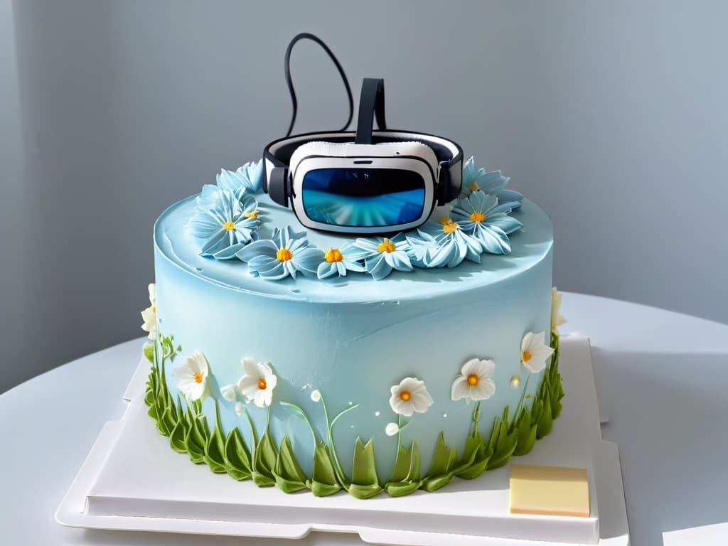  An ultradetailed image of a sleek, futuristic augmented reality headset hovering above a perfectly baked and flawlessly decorated multitiered cake, showcasing intricate details like delicate sugar flowers, precise piping, and a flawless glaze shimmering in the light. The cake sits on a pristine white marble countertop, with a subtle reflection of the headset visible on its glossy surface, highlighting the seamless integration of technology and culinary artistry. hyperrealistic, full body, detailed clothing, highly detailed, cinematic lighting, stunningly beautiful, intricate, sharp focus, f/1. 8, 85mm, (centered image composition), (professionally color graded), ((bright soft diffused light)), volumetric fog, trending on instagram, trending on tumblr, HDR 4K, 8K