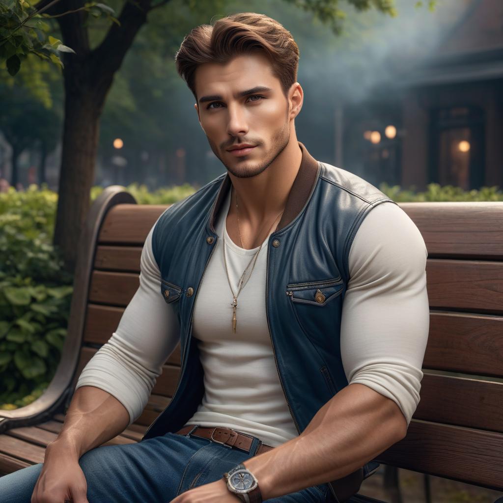  A young, brown haired, lounging guy is sitting on a bench. hyperrealistic, full body, detailed clothing, highly detailed, cinematic lighting, stunningly beautiful, intricate, sharp focus, f/1. 8, 85mm, (centered image composition), (professionally color graded), ((bright soft diffused light)), volumetric fog, trending on instagram, trending on tumblr, HDR 4K, 8K