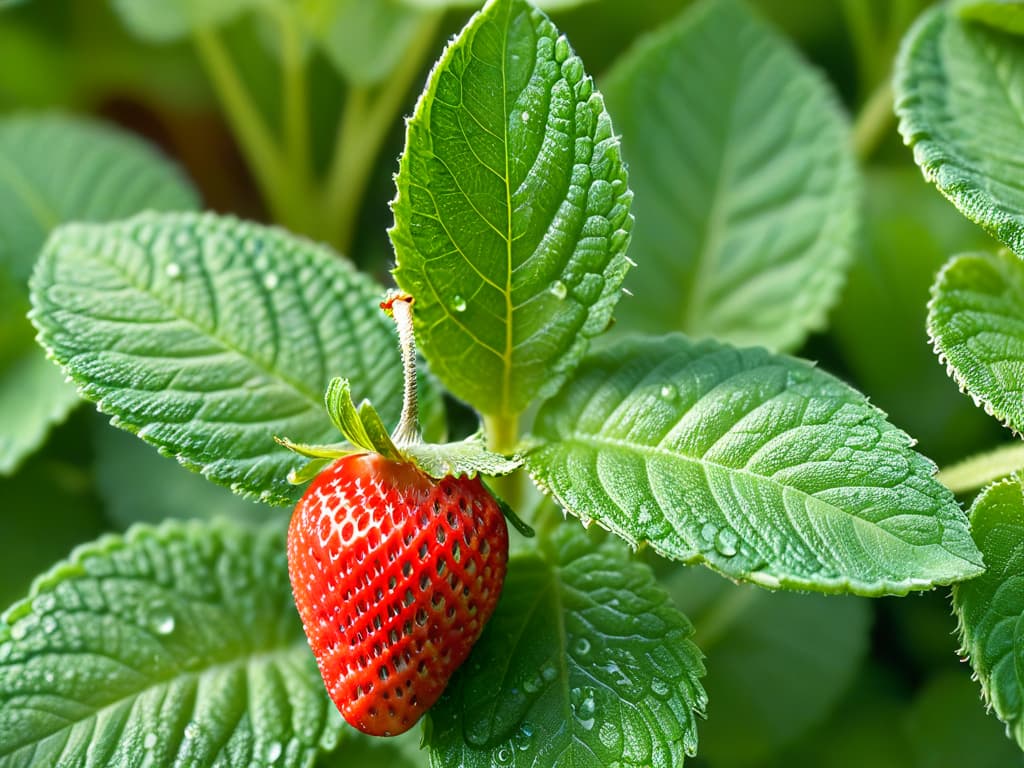  A closeup, ultradetailed image of a perfectly ripe red strawberry sitting on a bed of fresh green mint leaves, with tiny water droplets glistening under soft natural light. The strawberry's seeds are visible, and the mint leaves show delicate veins, showcasing the beauty of sustainable ingredients in their purest form. hyperrealistic, full body, detailed clothing, highly detailed, cinematic lighting, stunningly beautiful, intricate, sharp focus, f/1. 8, 85mm, (centered image composition), (professionally color graded), ((bright soft diffused light)), volumetric fog, trending on instagram, trending on tumblr, HDR 4K, 8K