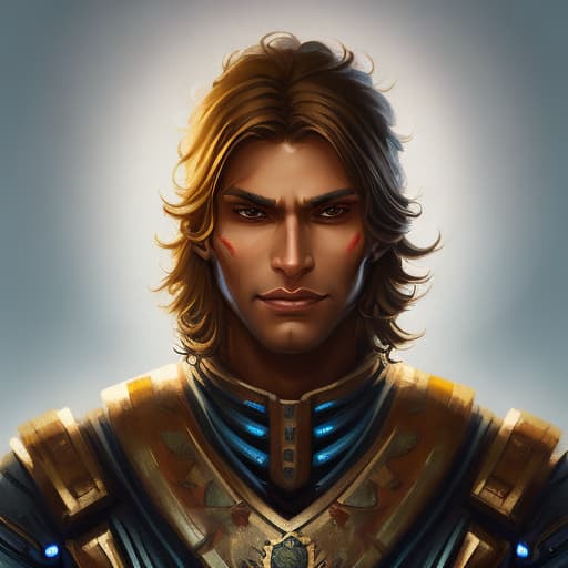 portrait+ style A young handsome Indian looking long hair Warrior soldier main focus with a sword, Armour of Gold, turquoise eyes, hair blonde strips, show full body from head to feet, Dystopian future city with robots, dragan robot, cyberpunk horror painting, elegant intricate artstation concept art by craig mullins detailed, dark cosmic sky