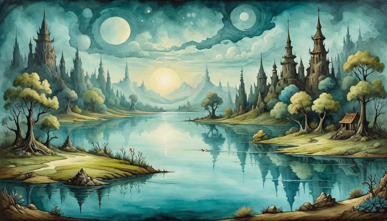  on parchment, surrealism+++, A serene lake reflecting chaos around its edges but maintaining calm at the center, resilience, centeredness, oasis of peace.(mysterious, provocative, symbolic,muted color)+++