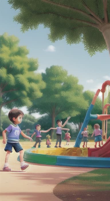  {Children playing in a sunny park with swings and slides., Same group of happy children, now wearing casual play clothes.