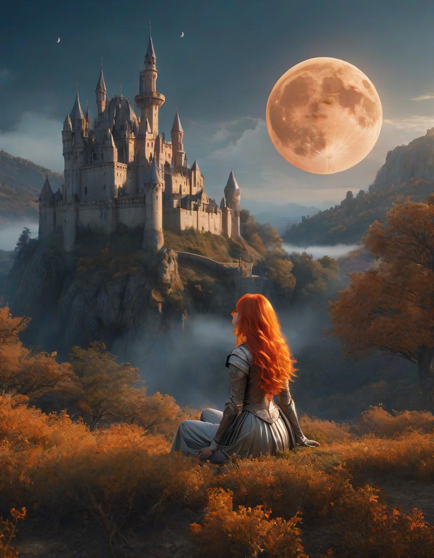  hyperrealistic art fantasy image featuring a woman with vibrant orange hair, a mystical castle, and a large orange moon in a dramatic landscape . extremely high resolution details, photographic, realism pushed to extreme, fine texture, incredibly lifelike hyperrealistic, full body, detailed clothing, highly detailed, cinematic lighting, stunningly beautiful, intricate, sharp focus, f/1. 8, 85mm, (centered image composition), (professionally color graded), ((bright soft diffused light)), volumetric fog, trending on instagram, trending on tumblr, HDR 4K, 8K