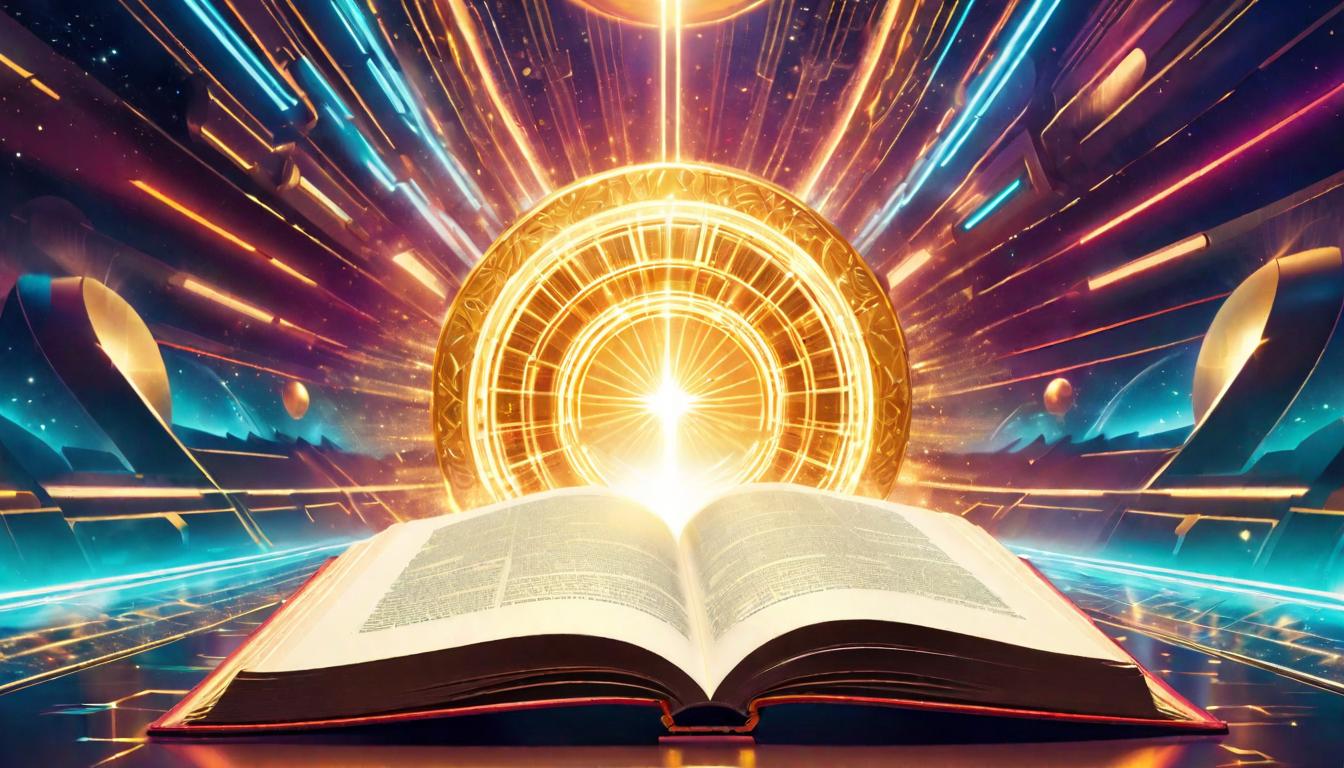  retro futuristic Open book with golden light emanating, conveying sacred knowledge, Sharing spiritual enlightenment, ripple effect of divine wisdom lvintage sci fi, 50s and 60s style, atomic age, vibrant, highly detailed