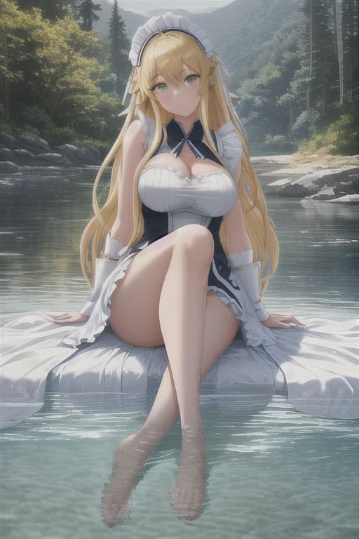  (score 9,score 8 up,score 7 up,),1girl,solo,maid,maid headdress,looking at viewer,outdoor,lake,apron,blonde hair,indoors,green eyes,bare foot,two feet in the water hyperrealistic, full body, detailed clothing, highly detailed, cinematic lighting, stunningly beautiful, intricate, sharp focus, f/1. 8, 85mm, (centered image composition), (professionally color graded), ((bright soft diffused light)), volumetric fog, trending on instagram, trending on tumblr, HDR 4K, 8K