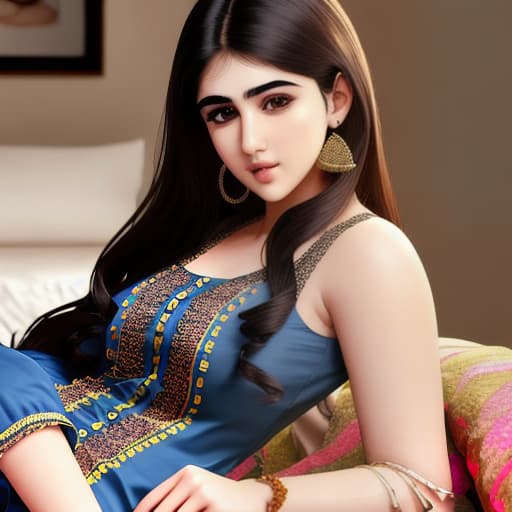  Photo of a 19 y.o woman, silky embroidery kurta pant, beautiful face like Sara Ali Khan Bollywood actress, realistic shot, full body photo, real look, black hair, laying, hd photo, 8k, realistic, perf