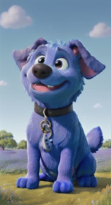  {A happy, big blue dog wagging its tail in a colorful meadow, The big blue dog is large with sky blue fur, big round eyes, a black nose, and floppy ears.