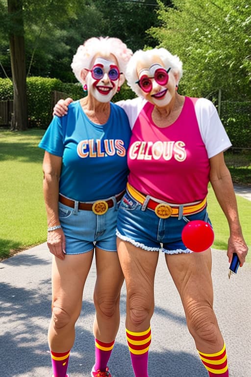  Two gilf female clowns in jean shorts