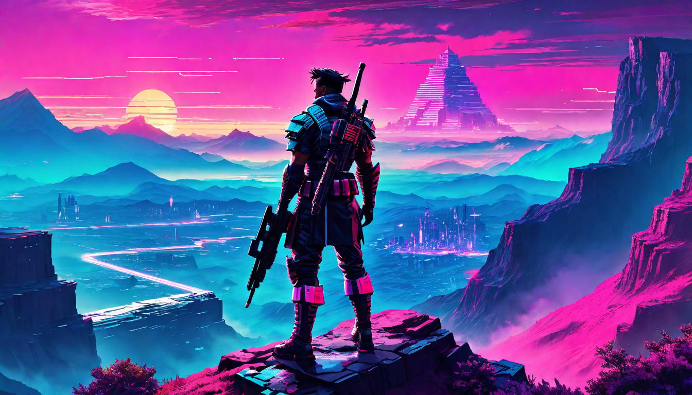  vaporwave,cyberpunk game style A lone warrior standing at the edge of a cliff, looking over a vast battlefield, The readiness for conflict, solitary against the many, Quiet determination, the horizon of challenge, An anticipation of struggle, a strategic stanceeon, dystopian, futuristic, digital, vibrant, detailed, high contrast, reminiscent of cyberpunk genre video games,retro aesthetic, cyberpunk, vibrant, neon colors, vintage 80s and 90s style, highly detailed