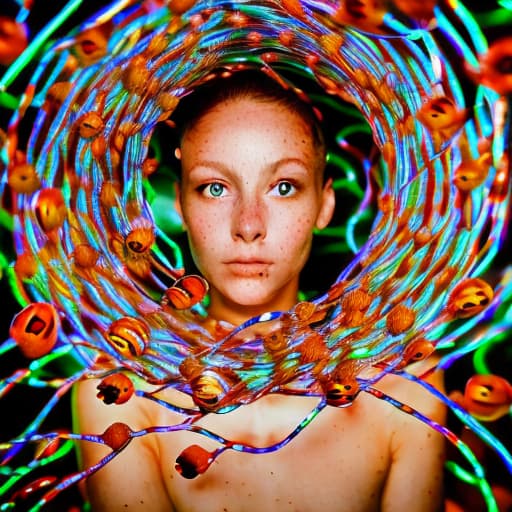 portrait+ style A young woman with no clothes on holding a coloured gecko and surrounded by striped rusty metal robotic fishes from a dstopian labyrinth , stable diffusion, absolute reality v1.6, perfect symmetry, photo realistic raw, in the style of jock sturges and David hamilton and hr giger, atmospheric