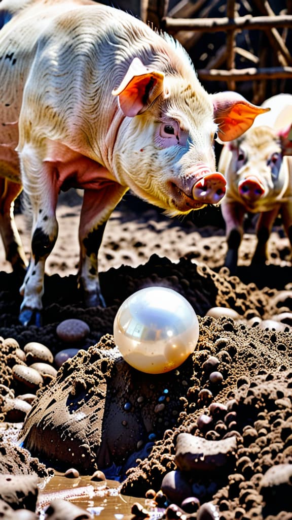  ((Large pearl inside a messy pigsty)), glistening, about to soil, near muddy impact, Dirty pigsty with pigs, Ancient China, Sharp contrast, pearl's purity vs. mud, Action shot, harsh lighting accentuating mud, by Photographer Ruben Wu Style