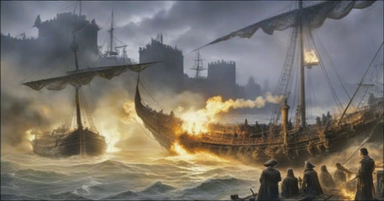  gothic style burning ships . dark, mysterious, haunting, dramatic, ornate, detailed hyperrealistic, full body, detailed clothing, highly detailed, cinematic lighting, stunningly beautiful, intricate, sharp focus, f/1. 8, 85mm, (centered image composition), (professionally color graded), ((bright soft diffused light)), volumetric fog, trending on instagram, trending on tumblr, HDR 4K, 8K