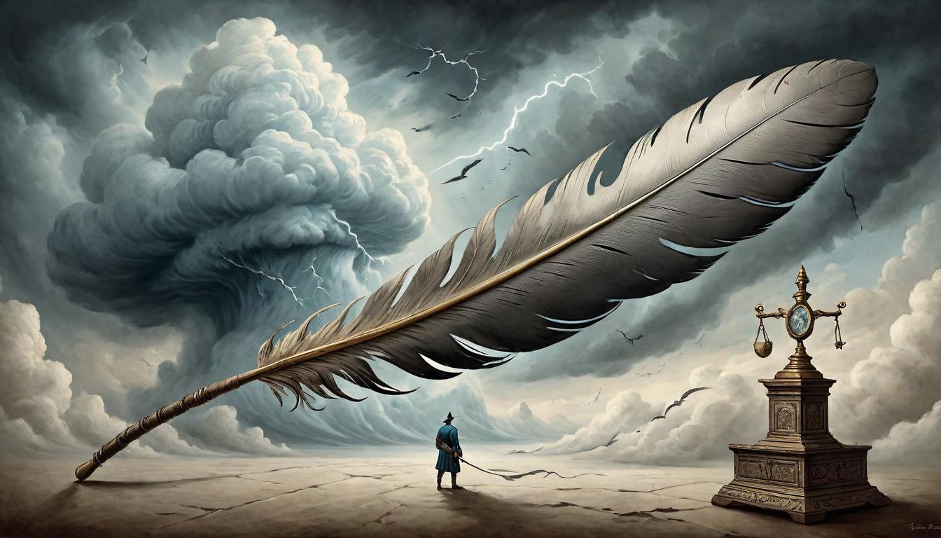  on parchment, surrealism+++, A scale balancing a feather and a storm cloud, measuring the impact of achievements versus discord sown, delicate balance, impending storm, weighted decisions(mysterious, provocative, symbolic,muted color)+++