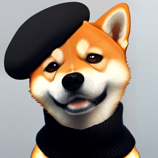  A Shiba Inu dog wearing a beret and black turtleneck