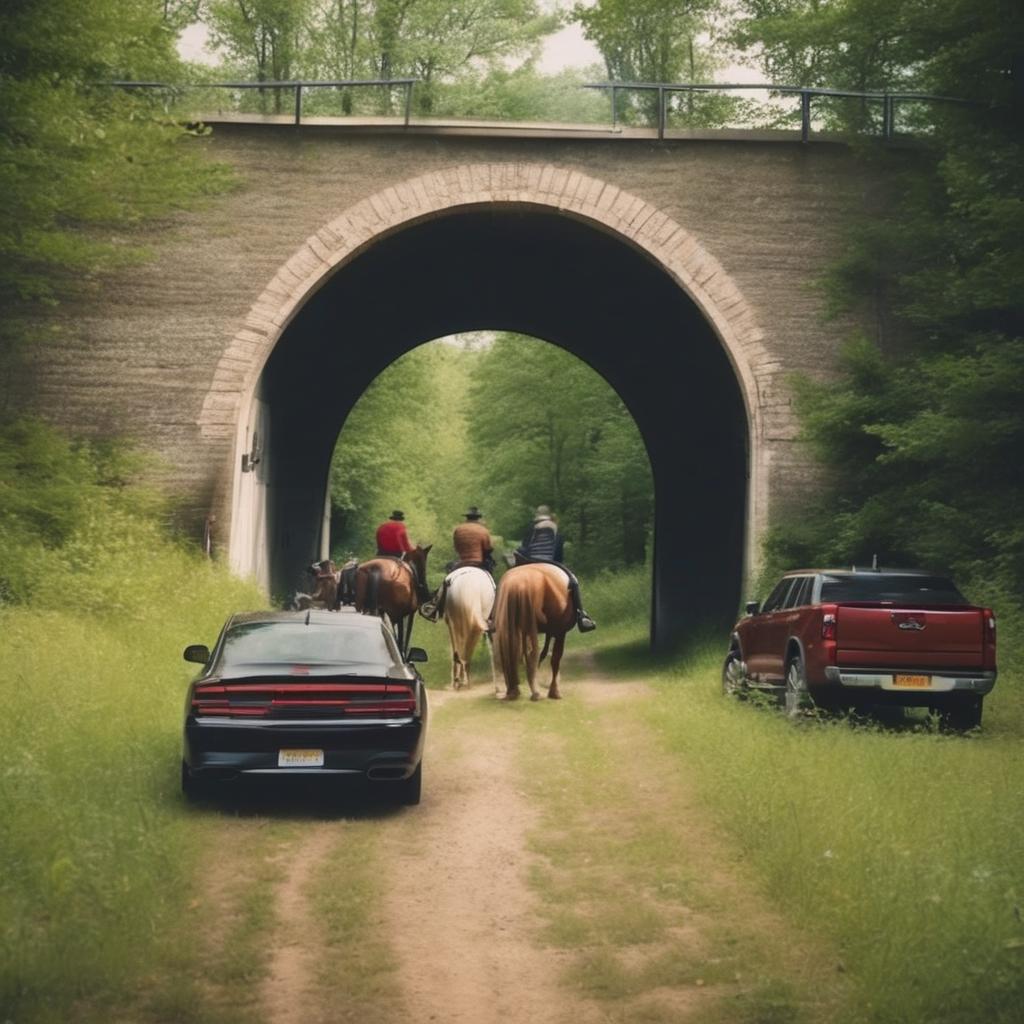  Entrance of the tunnel with cars and trains horseback riding in a field in the woods.