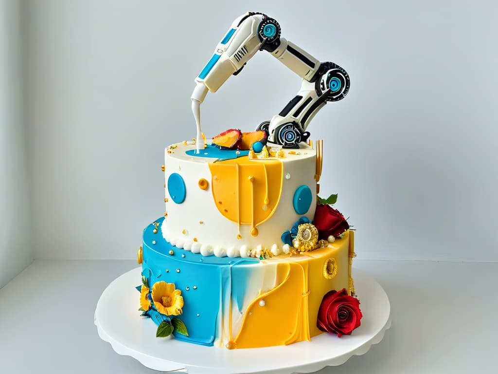  An 8k ultradetailed image of a sleek, futuristic robotic arm delicately piping intricate designs on a colorful and ornate cake, set against a clean, white backdrop. The robotic arm is precision personified, with each movement captured in stunning clarity, showcasing the seamless integration of technology in the art of pastry decoration. The colors pop vividly, highlighting the contrast between the hightech robotic arm and the traditional beauty of the decorated cake, creating a visually striking and thoughtprovoking image for the article. hyperrealistic, full body, detailed clothing, highly detailed, cinematic lighting, stunningly beautiful, intricate, sharp focus, f/1. 8, 85mm, (centered image composition), (professionally color graded), ((bright soft diffused light)), volumetric fog, trending on instagram, trending on tumblr, HDR 4K, 8K