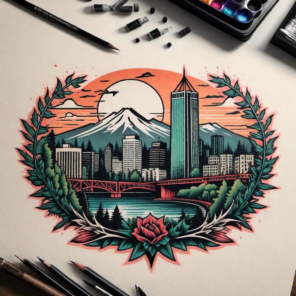  Create a punk rock sleeve tattoo design that is representative of the Portland, Oregon skyline and the Great Northwest. The design should feature a gritty and edgy interpretation of the Portland skyline, incorporating elements like punk rock motifs, music symbols, cityscape, mountains, forests, and rivers. The color palette should be bold and rebellious, capturing the essence of punk rock culture mixed with the natural beauty of the Great Northwest. hyperrealistic, full body, detailed clothing, highly detailed, cinematic lighting, stunningly beautiful, intricate, sharp focus, f/1. 8, 85mm, (centered image composition), (professionally color graded), ((bright soft diffused light)), volumetric fog, trending on instagram, trending on tumblr, HDR 4K, 8K