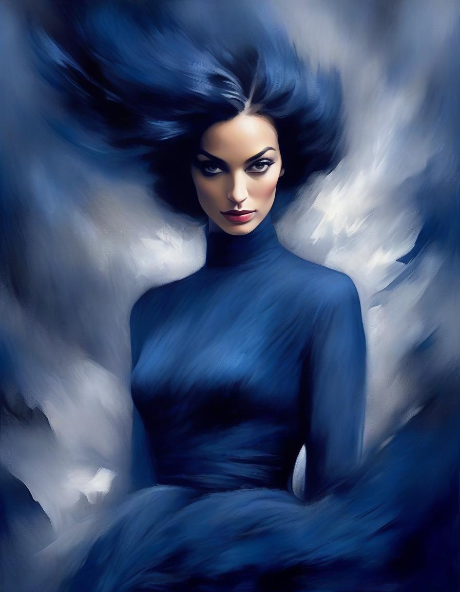  abstract expressionist painting Portrait of a beautiful girl in a dark blue velvet Lorrain dress, on beautiful hair adorned with soft feathers of dark blue colour . energetic brushwork, bold colors, abstract forms, expressive, emotional hyperrealistic, full body, detailed clothing, highly detailed, cinematic lighting, stunningly beautiful, intricate, sharp focus, f/1. 8, 85mm, (centered image composition), (professionally color graded), ((bright soft diffused light)), volumetric fog, trending on instagram, trending on tumblr, HDR 4K, 8K