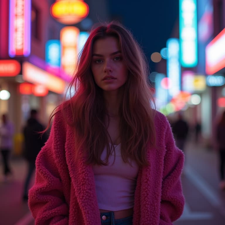  one girl, city, urban, casual, neon, street, trendy, urban background, vibrant, best quality, masterpiece hyperrealistic, full body, detailed clothing, highly detailed, cinematic lighting, stunningly beautiful, intricate, sharp focus, f/1. 8, 85mm, (centered image composition), (professionally color graded), ((bright soft diffused light)), volumetric fog, trending on instagram, trending on tumblr, HDR 4K, 8K