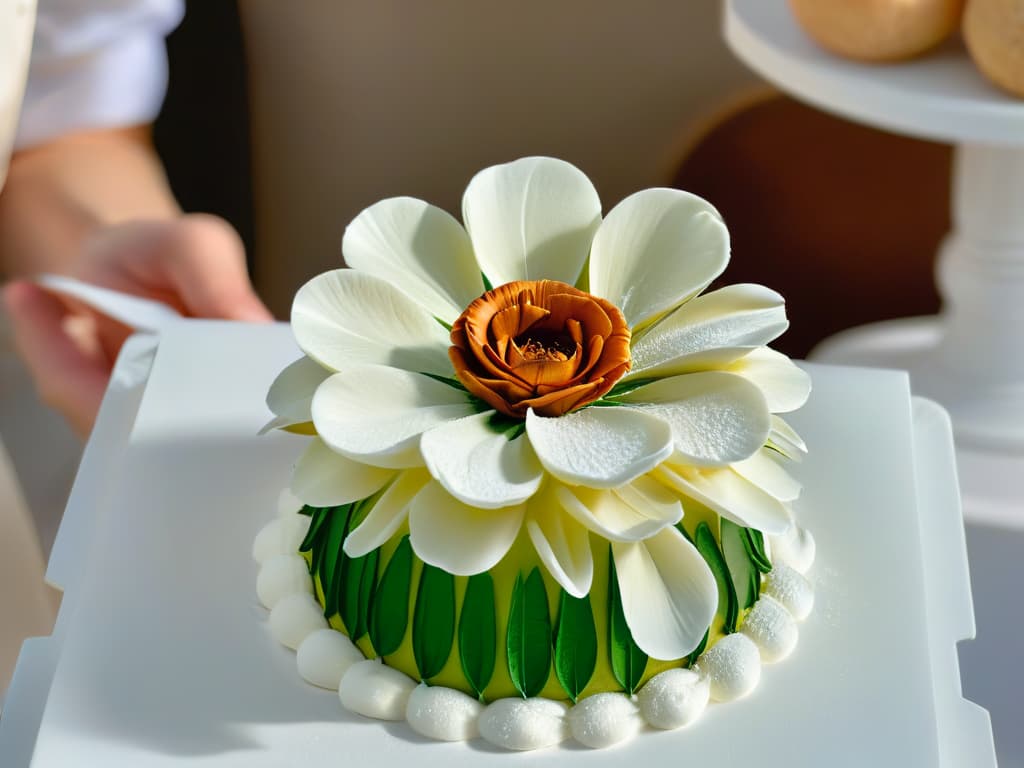  A closeup, ultradetailed image of a delicate, intricate sugar flower being meticulously crafted by a pair of skilled hands. The hands belong to a baker with a warm smile, wearing a crisp white apron. The focus is on the fine details of the flower petals, showcasing the precision and artistry involved in creating inclusive and multisensory desserts. The background is softly blurred, emphasizing the beauty of the sugar craft in a minimalistic style. hyperrealistic, full body, detailed clothing, highly detailed, cinematic lighting, stunningly beautiful, intricate, sharp focus, f/1. 8, 85mm, (centered image composition), (professionally color graded), ((bright soft diffused light)), volumetric fog, trending on instagram, trending on tumblr, HDR 4K, 8K