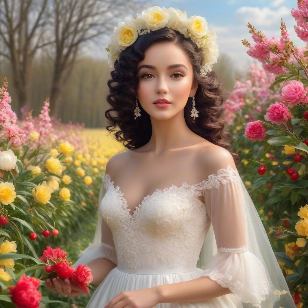  A masterpiece. Very beautiful girl with black curls gathered upwards. Beautiful hairstyle. White wedding fitted dress with lace. Elegance. Very beautiful dress. Brown eyes. Happy look. No pomp, just elegance. (Sparkling rim)): spring field, hyacinths, roses, rosehips, rose hips, peonies, cherry tree, yellow, red. Realism, rococo, surrealist abstraction. Alfonso Mucha, Honoré Fargonard. hyperrealistic, full body, detailed clothing, highly detailed, cinematic lighting, stunningly beautiful, intricate, sharp focus, f/1. 8, 85mm, (centered image composition), (professionally color graded), ((bright soft diffused light)), volumetric fog, trending on instagram, trending on tumblr, HDR 4K, 8K