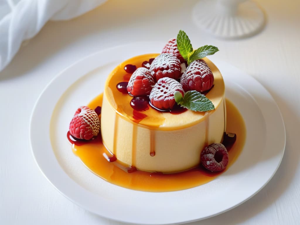  A minimalistic and ultradetailed image of a perfectly goldenbrown flan resting on a delicate white plate, topped with a drizzle of honey and garnished with fresh raspberries and mint leaves. The smooth texture of the flan reflects the light beautifully, while the vibrant colors of the berries pop against the pristine white background, creating a visually striking and appetizing composition. hyperrealistic, full body, detailed clothing, highly detailed, cinematic lighting, stunningly beautiful, intricate, sharp focus, f/1. 8, 85mm, (centered image composition), (professionally color graded), ((bright soft diffused light)), volumetric fog, trending on instagram, trending on tumblr, HDR 4K, 8K