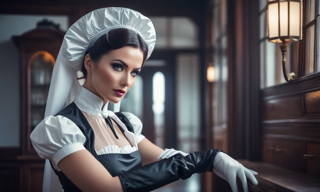  A hyper realistic latex housemaid in gloves hyperrealistic, full body, detailed clothing, highly detailed, cinematic lighting, stunningly beautiful, intricate, sharp focus, f/1. 8, 85mm, (centered image composition), (professionally color graded), ((bright soft diffused light)), volumetric fog, trending on instagram, trending on tumblr, HDR 4K, 8K