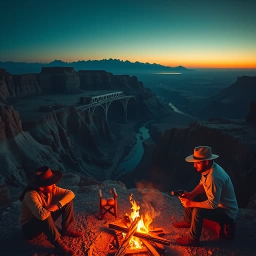  create a western inspired photograph shot in 50mm from a first person view sitting around a campfire. also inspired by roger deakins cinematogrphy work. this photograph has to emphasize tension and each section is motivating each other to tell a story. in the midground shows a railway going into a man sized mining cavern. the overall scene is set in a desert setting at dawn just before the sunrise. the scene is seperated in three sections, the foreground, middleground, and background. the background shows a deep canyon below with rugged rock formations and a winding river that tapers down into the distance. the midground appears closer to your area at around 100 ft away and comprises part of a canyonside. within this canyonside you see a ra hyperrealistic, full body, detailed clothing, highly detailed, cinematic lighting, stunningly beautiful, intricate, sharp focus, f/1. 8, 85mm, (centered image composition), (professionally color graded), ((bright soft diffused light)), volumetric fog, trending on instagram, trending on tumblr, HDR 4K, 8K