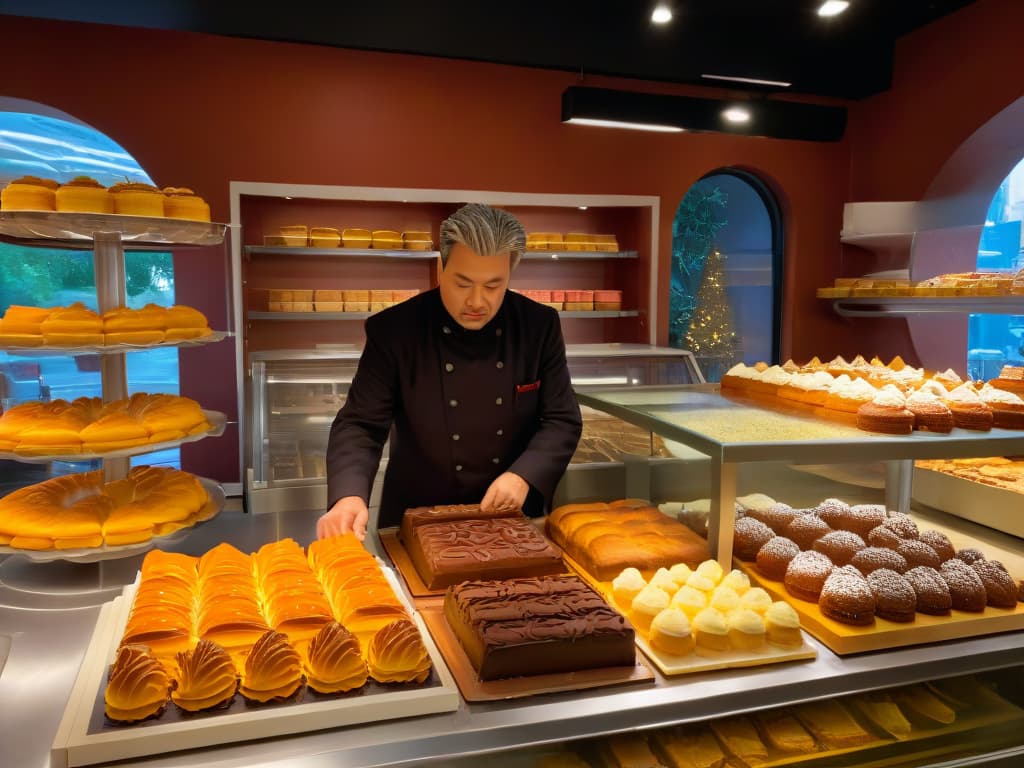  A minimalist image of a baker in a cozy bakery, surrounded by shelves filled with beautifully decorated pastries and cakes. The focus is on the baker's hands as they carefully craft an intricate design on a cake, with soft natural light streaming in through a window, casting a warm glow on the scene. The color palette is soft and inviting, with a touch of vintage charm, evoking a sense of nostalgia and craftsmanship. hyperrealistic, full body, detailed clothing, highly detailed, cinematic lighting, stunningly beautiful, intricate, sharp focus, f/1. 8, 85mm, (centered image composition), (professionally color graded), ((bright soft diffused light)), volumetric fog, trending on instagram, trending on tumblr, HDR 4K, 8K