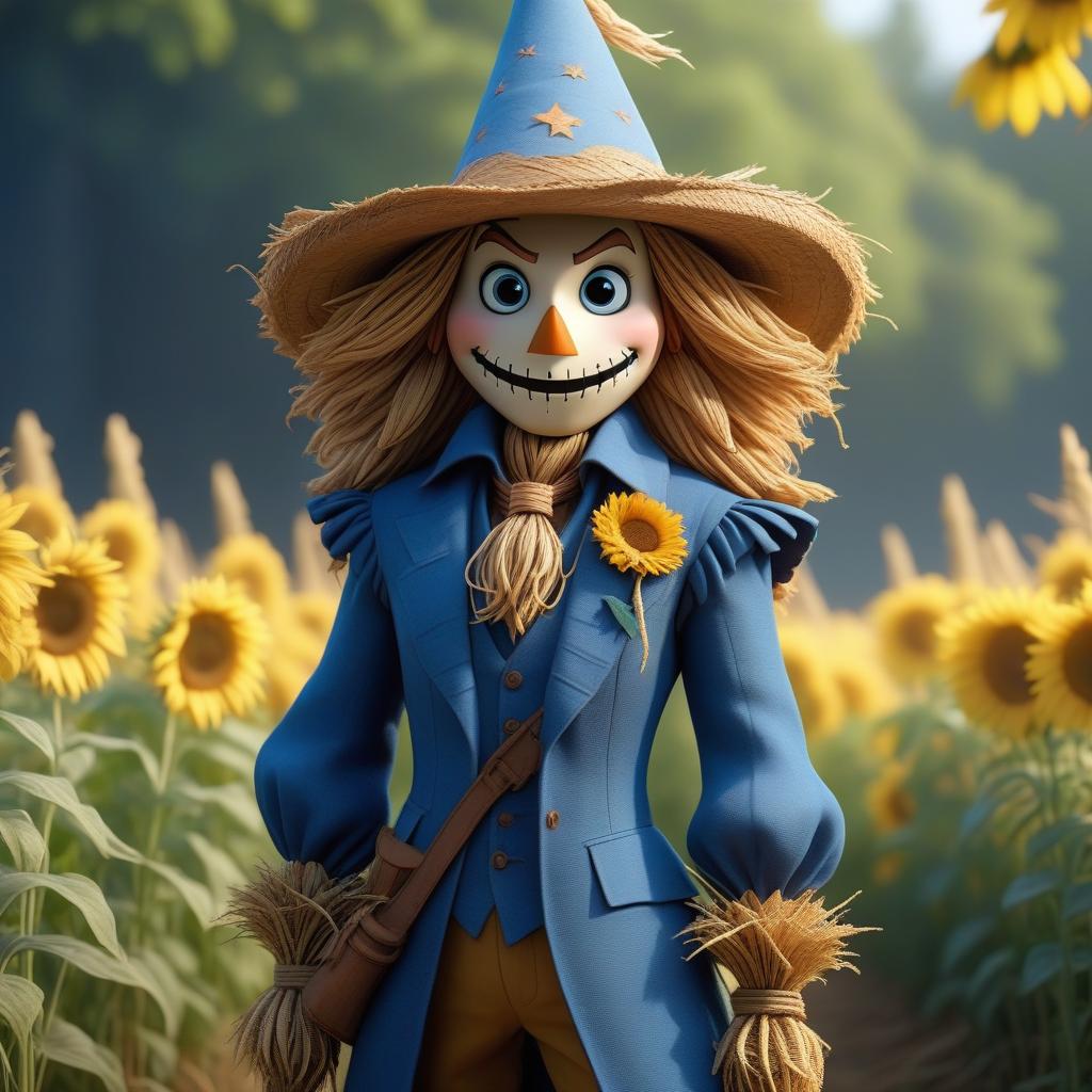  professional 3d model It shuddered, the lovely scarecrow with straw hair, wearing a blue costume, in a blue cone shaped hat. . octane render, highly detailed, volumetric, dramatic lighting hyperrealistic, full body, detailed clothing, highly detailed, cinematic lighting, stunningly beautiful, intricate, sharp focus, f/1. 8, 85mm, (centered image composition), (professionally color graded), ((bright soft diffused light)), volumetric fog, trending on instagram, trending on tumblr, HDR 4K, 8K