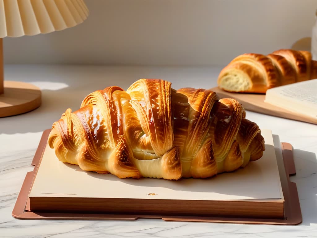  A closeup, photorealistic image of a perfectly goldenbrown, flaky croissant, fresh out of the oven, with steam wisps gently rising from its layers. The croissant sits on a sleek marble countertop, next to a vintage French pastry book open to a page featuring intricate pastry techniques. The lighting is soft, highlighting the buttery sheen of the croissant and casting a warm glow over the scene, evoking a sense of artisanal craftsmanship and culinary excellence. hyperrealistic, full body, detailed clothing, highly detailed, cinematic lighting, stunningly beautiful, intricate, sharp focus, f/1. 8, 85mm, (centered image composition), (professionally color graded), ((bright soft diffused light)), volumetric fog, trending on instagram, trending on tumblr, HDR 4K, 8K