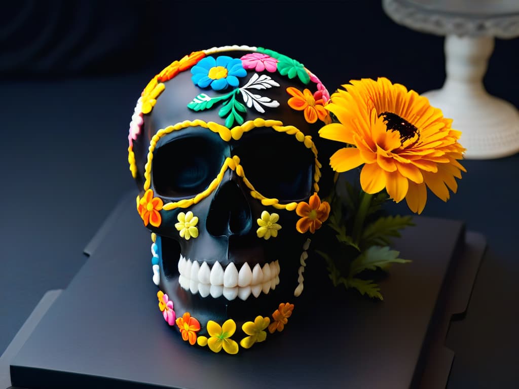  An intricately designed sugar skull made out of colorful candies, surrounded by marigold flowers and traditional papel picado banners, all set against a stark black background to enhance the vibrant colors and intricate details of the decorations. hyperrealistic, full body, detailed clothing, highly detailed, cinematic lighting, stunningly beautiful, intricate, sharp focus, f/1. 8, 85mm, (centered image composition), (professionally color graded), ((bright soft diffused light)), volumetric fog, trending on instagram, trending on tumblr, HDR 4K, 8K