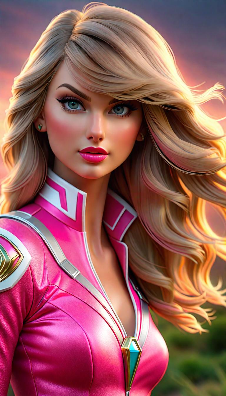  Professional 3D model of Taylor Swift as a Pink Power Ranger . Rendered with Octane, the model is highly detailed,dramatic lighting. hyperrealistic, full body, detailed clothing, highly detailed, cinematic lighting, stunningly beautiful, intricate, sharp focus, f/1. 8, 85mm, (centered image composition), (professionally color graded), ((bright soft diffused light)), volumetric fog, trending on instagram, trending on tumblr, HDR 4K, 8K