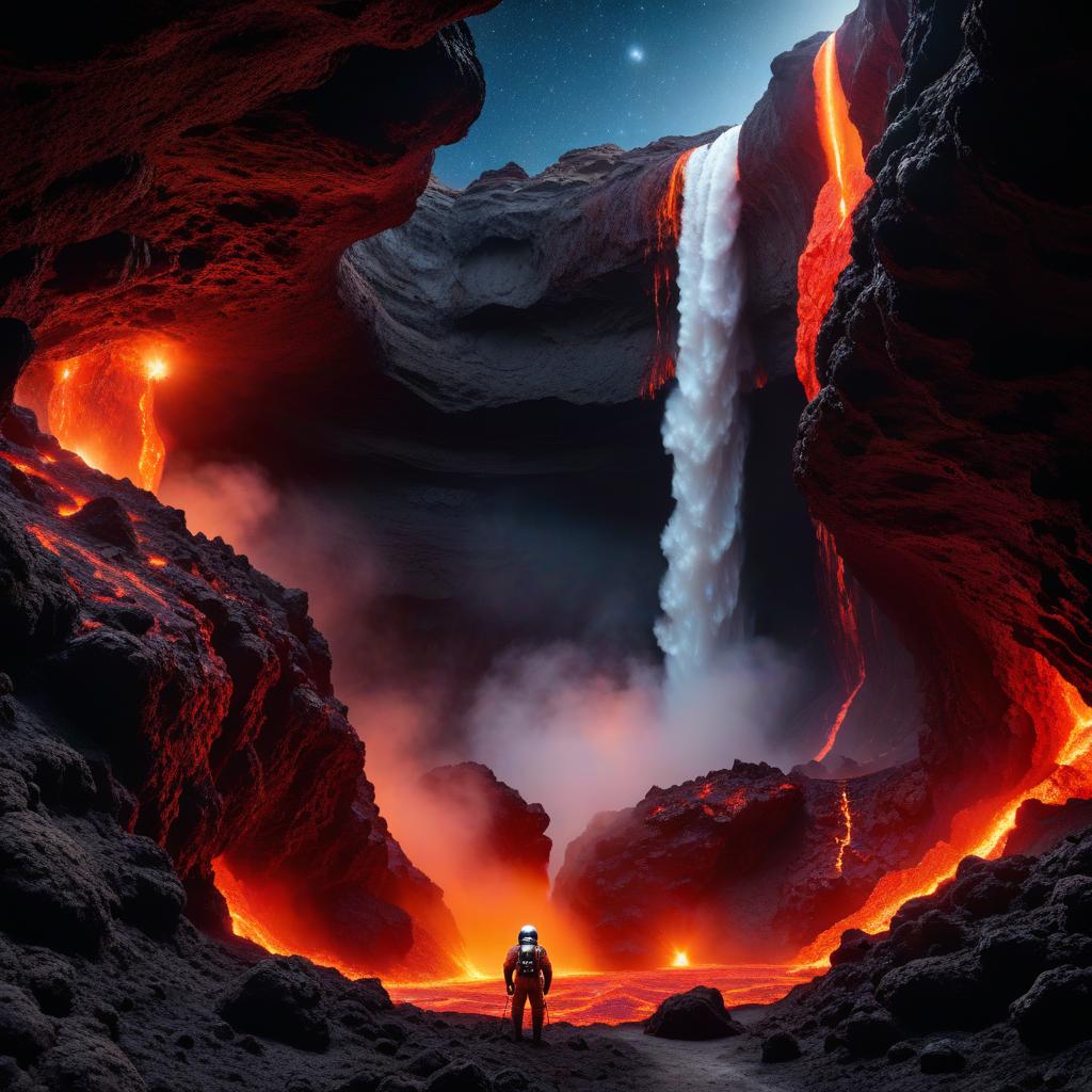  space themed A waterfall of lava and underground cave. . cosmic, celestial, stars, galaxies, nebulas, planets, science fiction, highly detailed hyperrealistic, full body, detailed clothing, highly detailed, cinematic lighting, stunningly beautiful, intricate, sharp focus, f/1. 8, 85mm, (centered image composition), (professionally color graded), ((bright soft diffused light)), volumetric fog, trending on instagram, trending on tumblr, HDR 4K, 8K