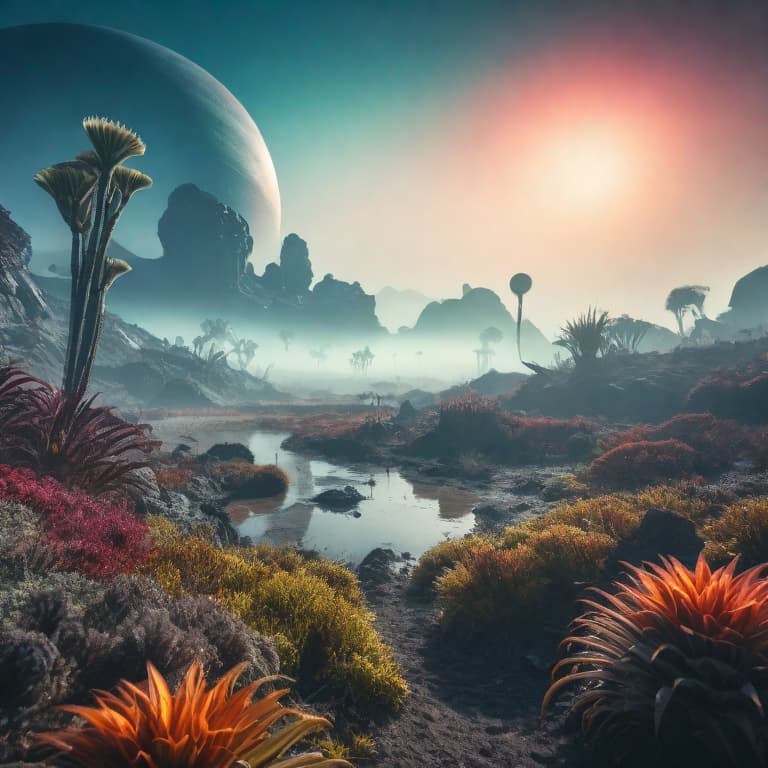  Alien planet with bizarre flora and fauna hyperrealistic, full body, detailed clothing, highly detailed, cinematic lighting, stunningly beautiful, intricate, sharp focus, f/1. 8, 85mm, (centered image composition), (professionally color graded), ((bright soft diffused light)), volumetric fog, trending on instagram, trending on tumblr, HDR 4K, 8K