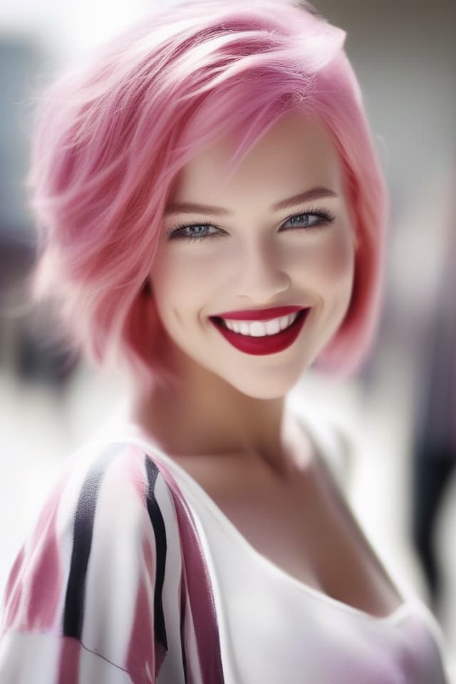  Pink hair, skin white, red lips, beauty, beautiful, smile