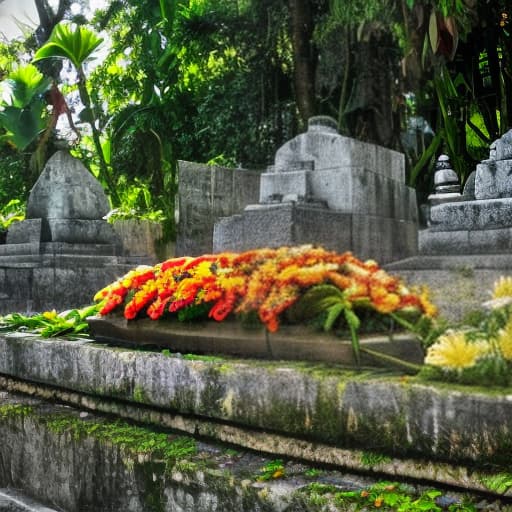  crie uma foto de uma tumba cheia de flores